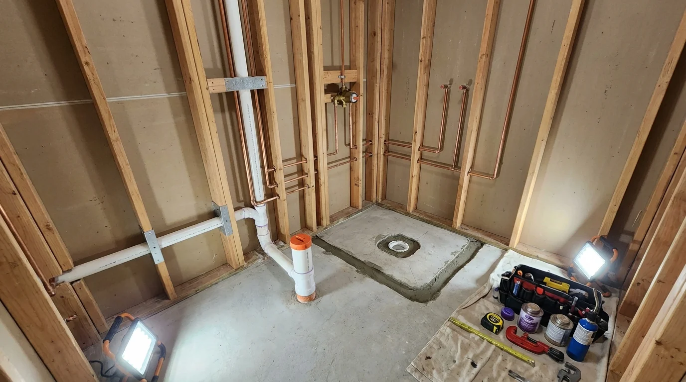 Bathroom rough-in plumbing during remodel by Johns Plumbing LLC in Tom Bean
