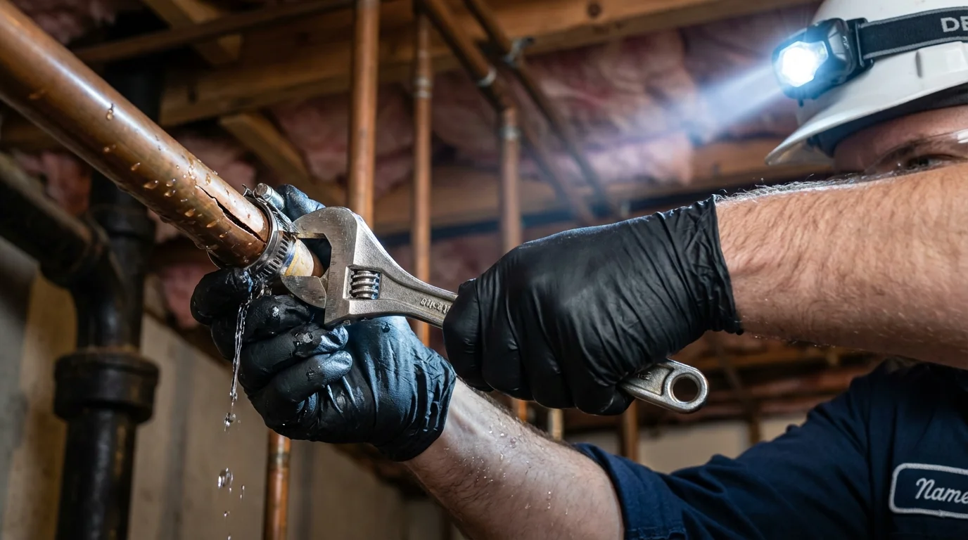 Emergency pipe clamp repair being performed by a Johns Plumbing LLC plumber in Tom Bean