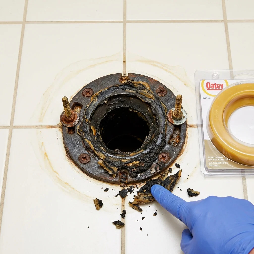Failed wax ring showing water seepage at the base of a toilet in a Tom Bean, TX home